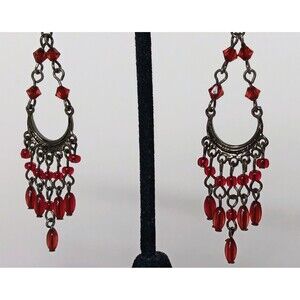 Gothic Bohemian Red Glass & Acrylic Bead Chandelier Earrings 3 in